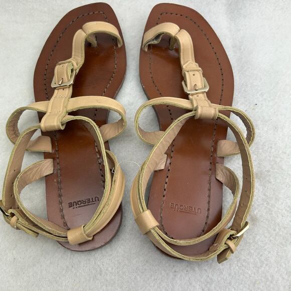 Uterque Women's Beige Leather Gladiator Sandal Toe-Loop Buckle Size 39 (US 8.5) - Picture 6 of 13